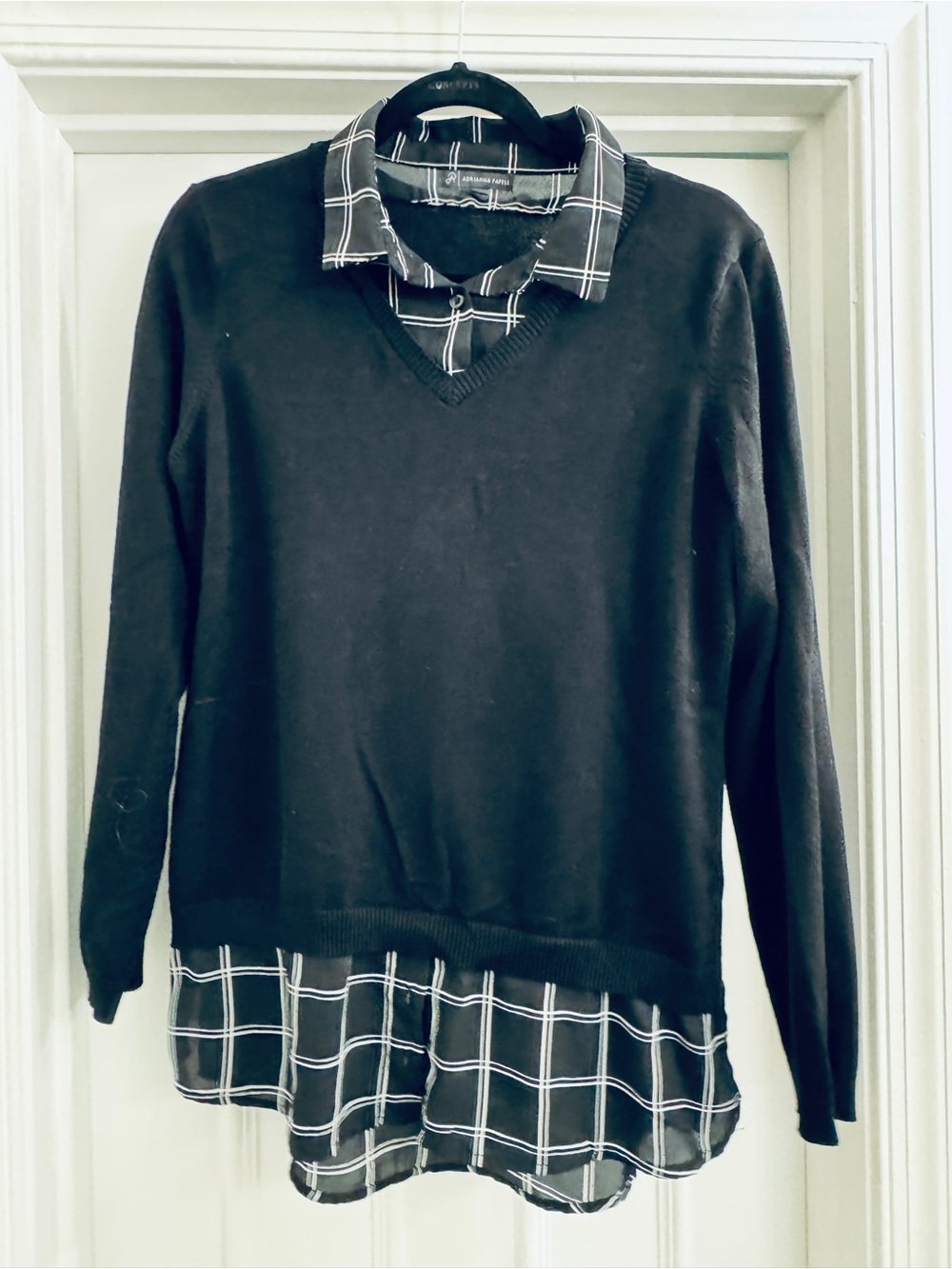 Adrianna Papell Black Layered V-Neck Sweater with White-Trim Plaid Shirt